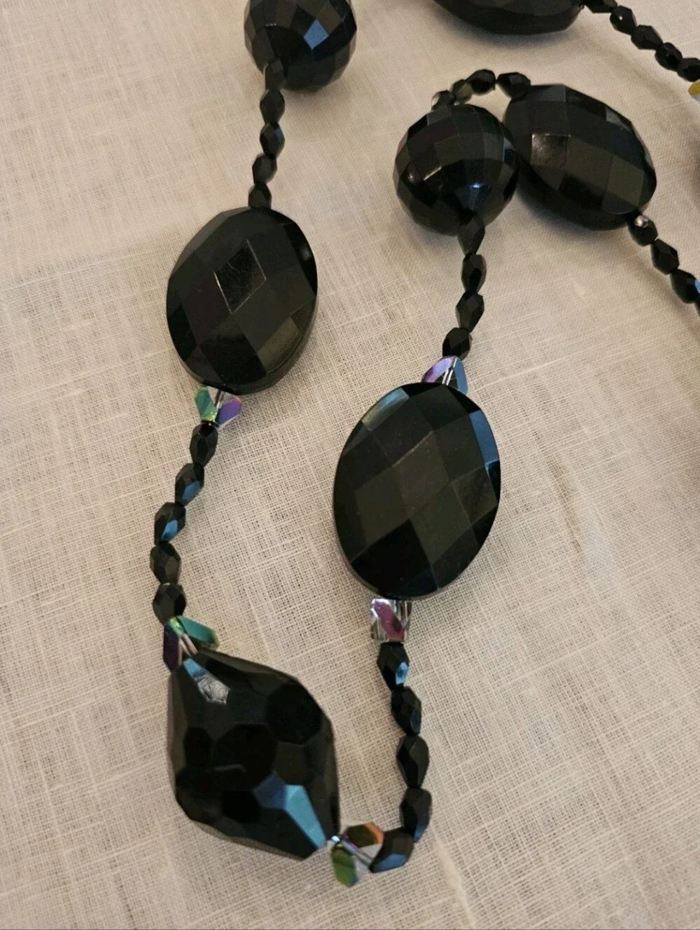 Vintage Black Glass Faceted Bead Necklace Mixed Shapes Art Deco Style 36